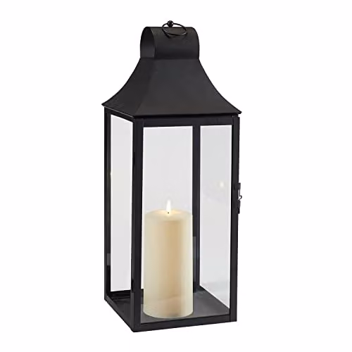 Lights4fun Set of 4 Classic Black Metal Outdoor Garden Lanterns with TruGlow LED Pillar Candles – 3