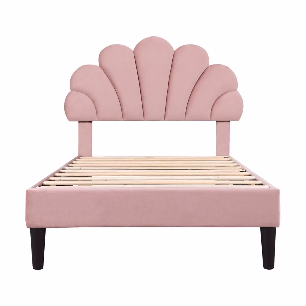 Rolipo Pink Velvet Upholstered Double Bed Frame with Adjustable Floral Petal Headboard – 3