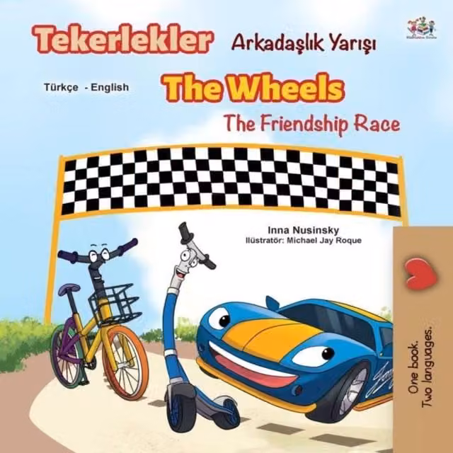 Kidkiddos Books The Wheels The Friendship Race Turkish English Bilingual Paper Book in Multicolour