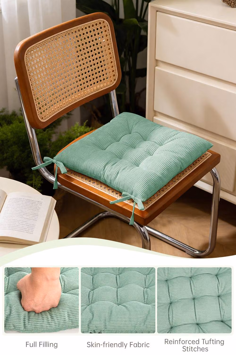 Garden Sanctuary Set of 4 Green Corduroy Square Chair Cushions, W/D/H: 40 x 40 x 40 cm – 2