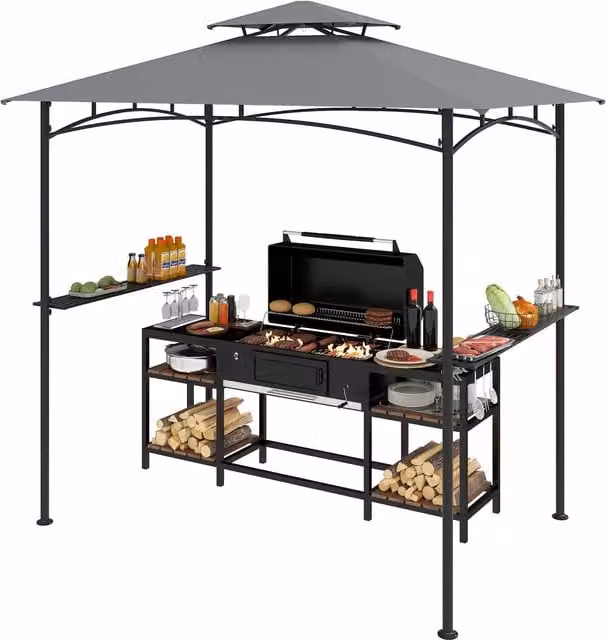 COSTWAY Double Tier Outdoor Grill Gazebo in Grey