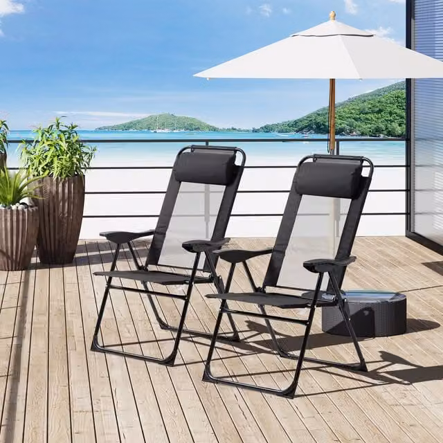 Outsunny Set of 2 Black Portable Folding Textilene Recliner Chairs with Armrests