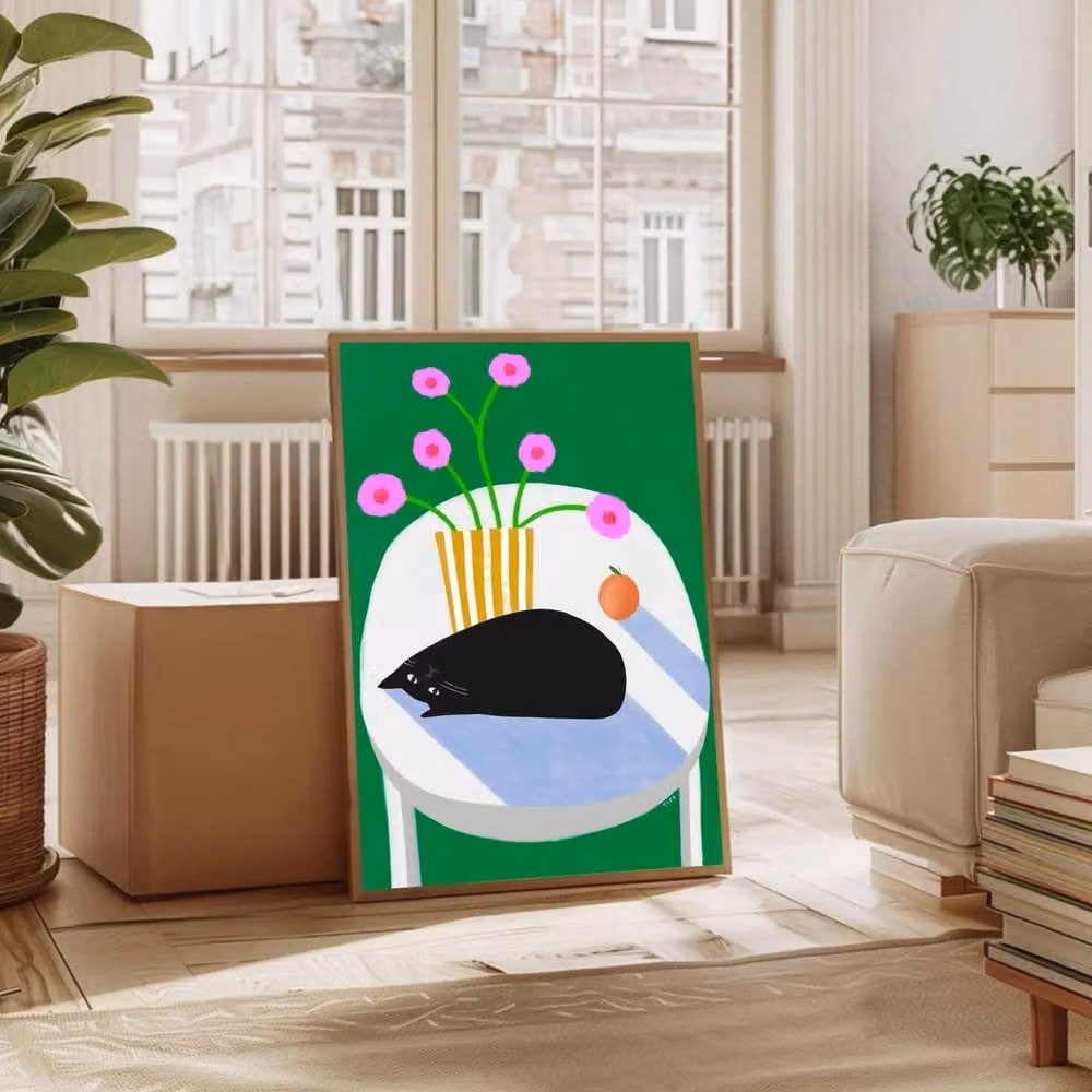 The Paper Tail Colourful Floral Black Cat Print Paper Poster, A3 – 3