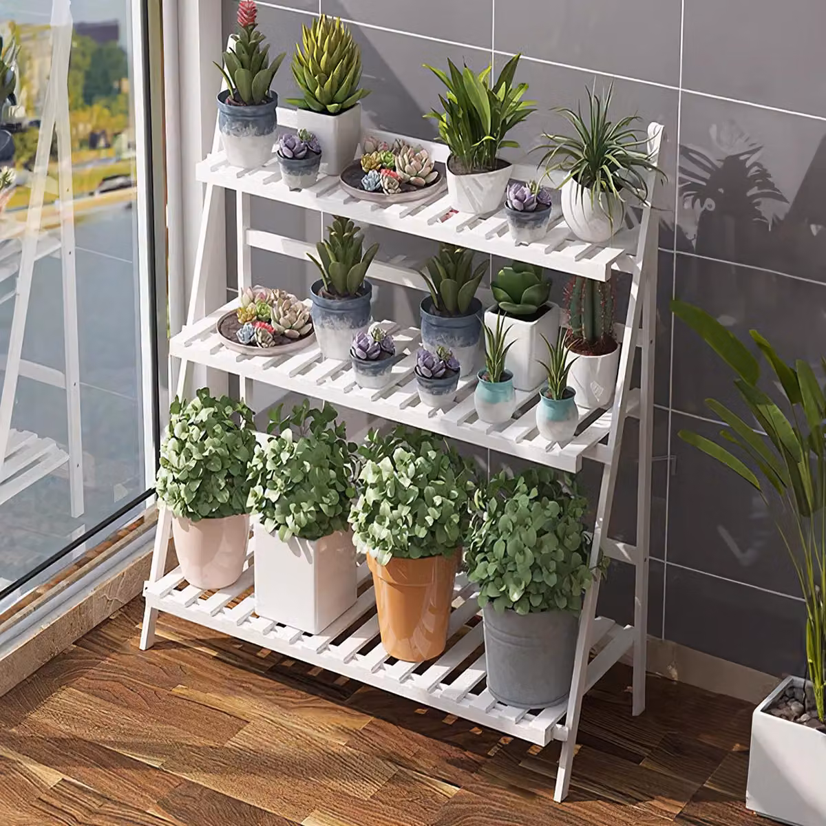 Living and Home 3-Tier Foldable Wooden Ladder Plant Shelf in White – 3