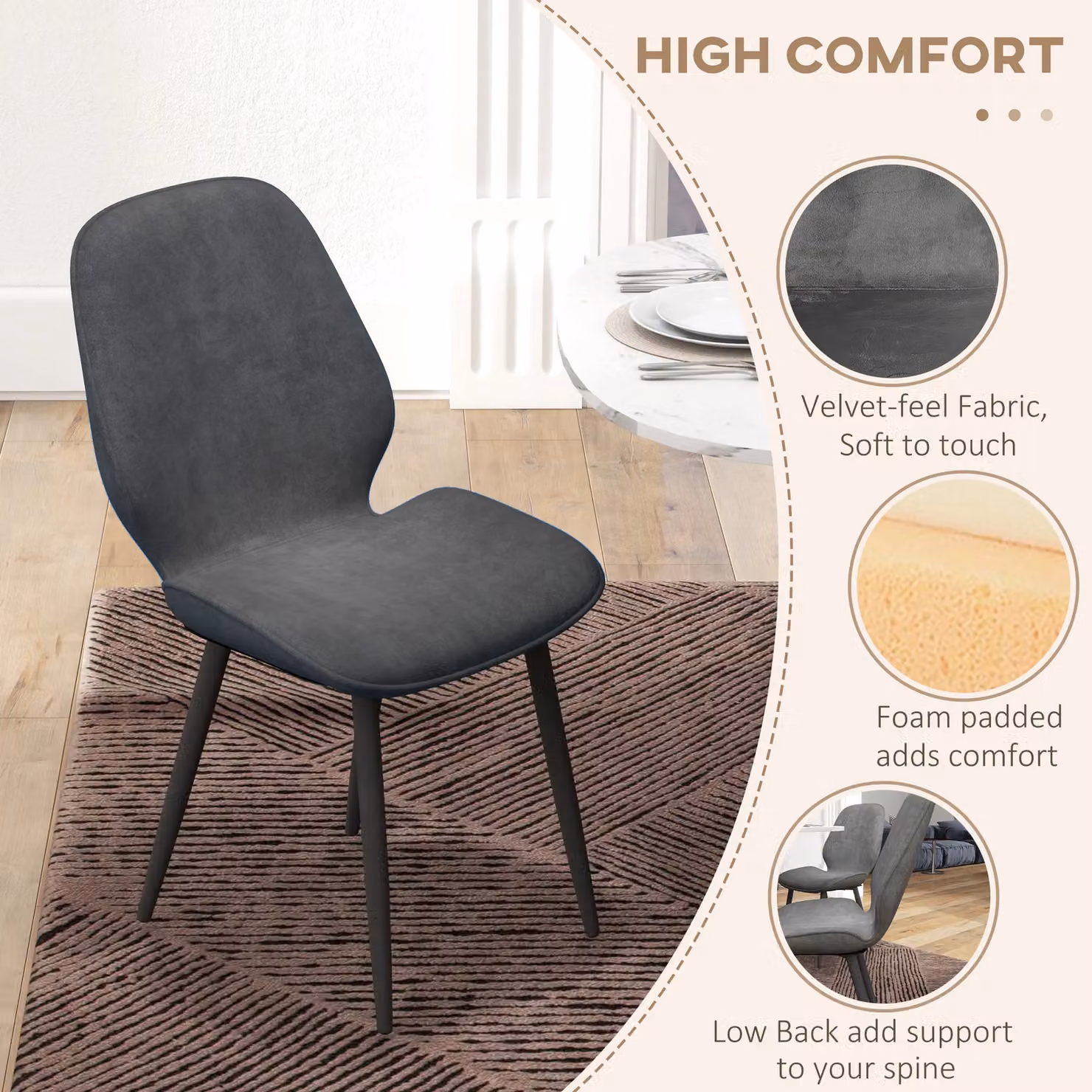 HOMCOM Set of 2 Grey Velvet Upholstered Dining Chairs with Metal Legs – 5