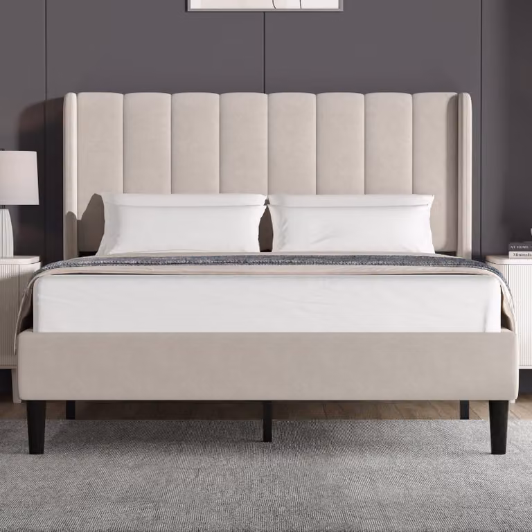 DHS Vertical Line Velvet Upholstered Bed Frame in Beige, Double (4ft6)