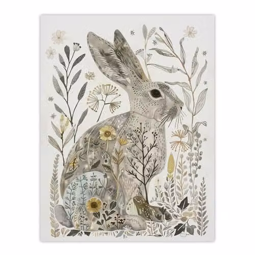 Artery8 Bunny Rabbit Flowers Folk Art Wall Poster Print in Grey and Yellow on Thick Paper, 46 x 61 cm – 1