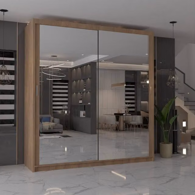 MN Furniture Cuba Sliding Mirror Wardrobe with Integrated LED Lighting, Brown, W: 203 cm, H: 217 cm