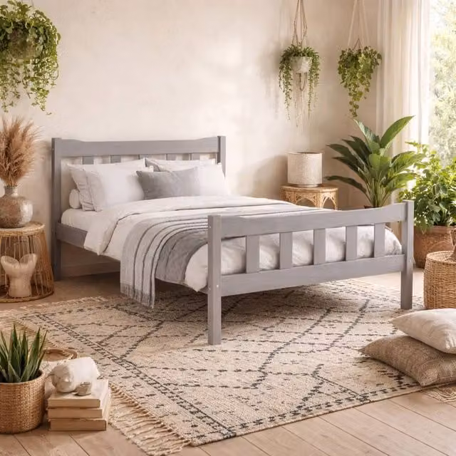 Wyld Haus Tralee King Bed in Grey Washed Solid Pine with Panelled Headboard and Footboard – 1