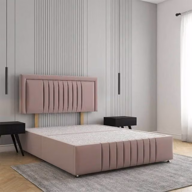 Regional Furnishings Plush Velvet Upholstered Divan Bed Base with 24 inch Headboard and Footboard in Pink, Super King, W/D/H: 200 x 200 cm