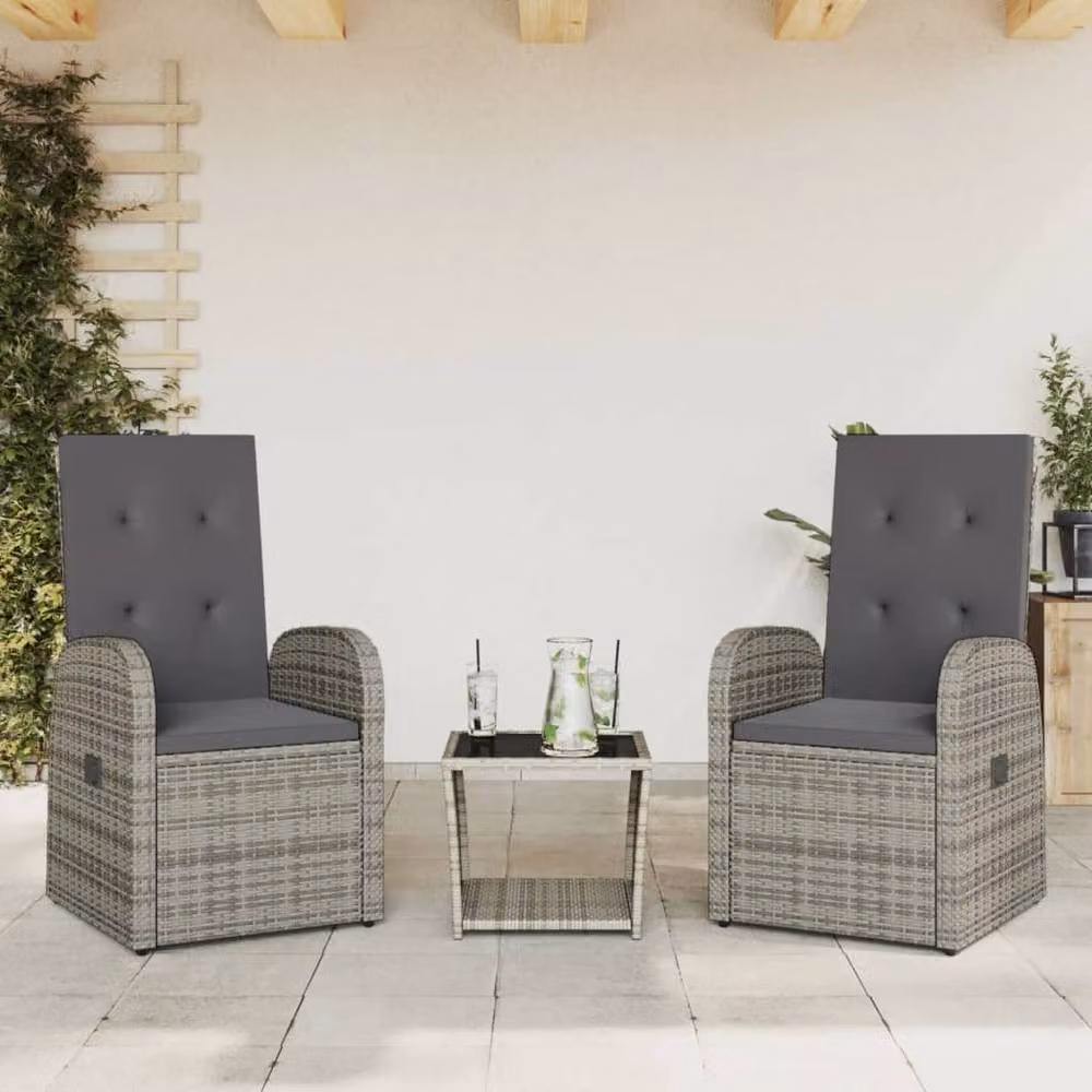 Berkfield Home Beautiful 3 Piece Grey Poly Rattan Garden Dining Set with Cushions – 2