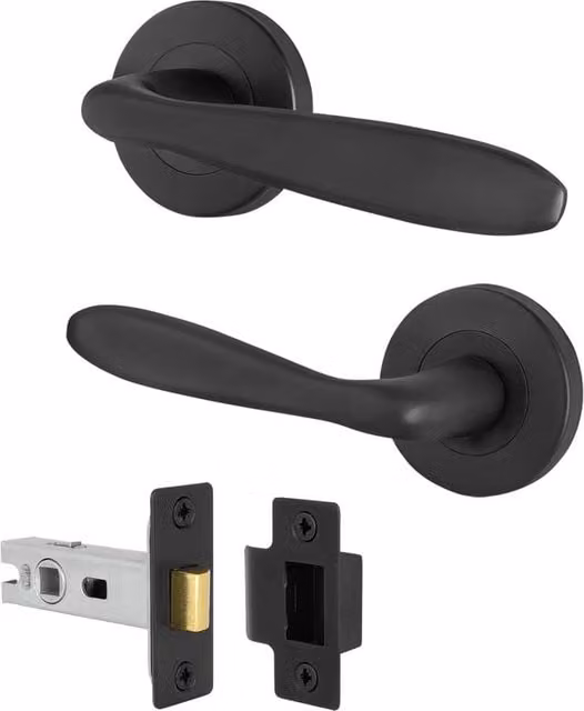 AFIT Matt Black Curved Door Handle Latch Set with Round Rose, 1 Pair, 64mm, W/D/H: 15 x 15 x 1.5 cm