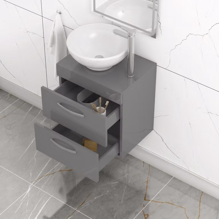 Royal Bathrooms 500mm Wall Hung Vanity Unit with 2 Drawers in Grey Gloss and Breeze Countertop Basin