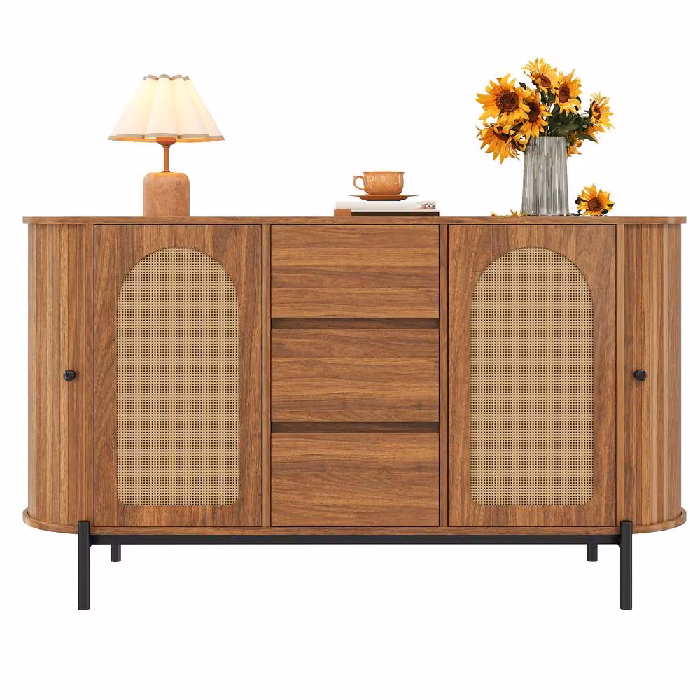 BTM Scandinavian Rattan Sideboard with Sliding Doors and Drawers in Walnut Brown – 2
