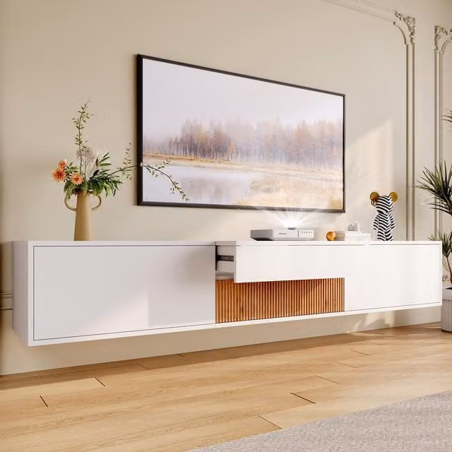 Aosom UK Modern TV Cabinet with Doors and Open Shelves in White and Wood, W/D/H: 180 x 34 x 30 cm