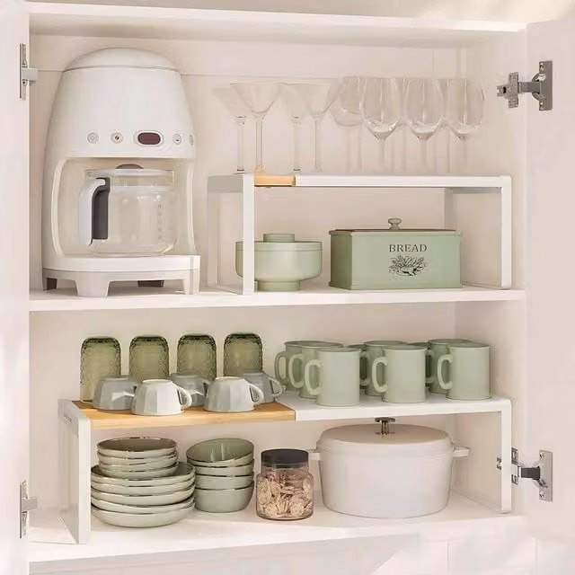 The Bazaarist Expandable and Stackable Spice Rack Shelf in Bamboo and White