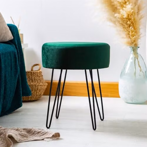 Harbour Housewares Pack of 2 Green Velvet Round Cylindrical Footstools with Black Metal Legs, H41 x D45 cm – 2