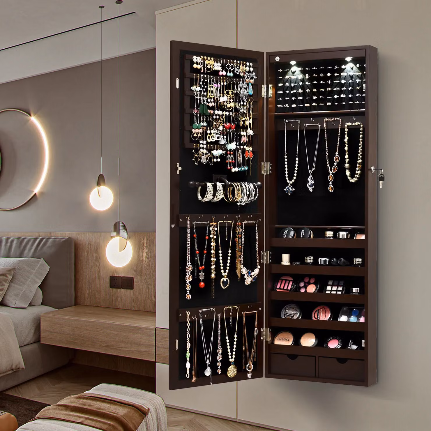 Costway Brown Wall or Door Mounted Jewelry Armoire Organizer with Full-length Mirror, LED Lighting and Lock – 3