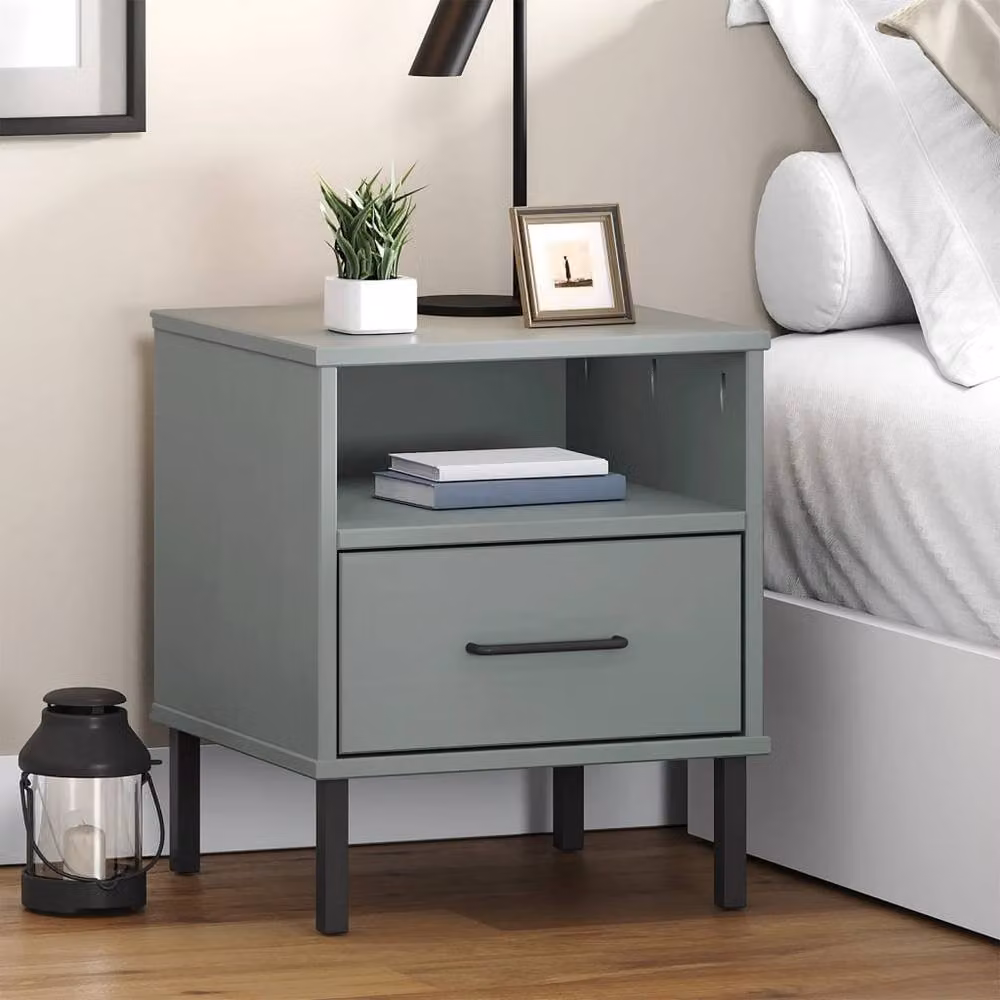Berkfield Home Oslo Bedside Cabinet in Grey Solid Pine Wood with Metal Legs – 2