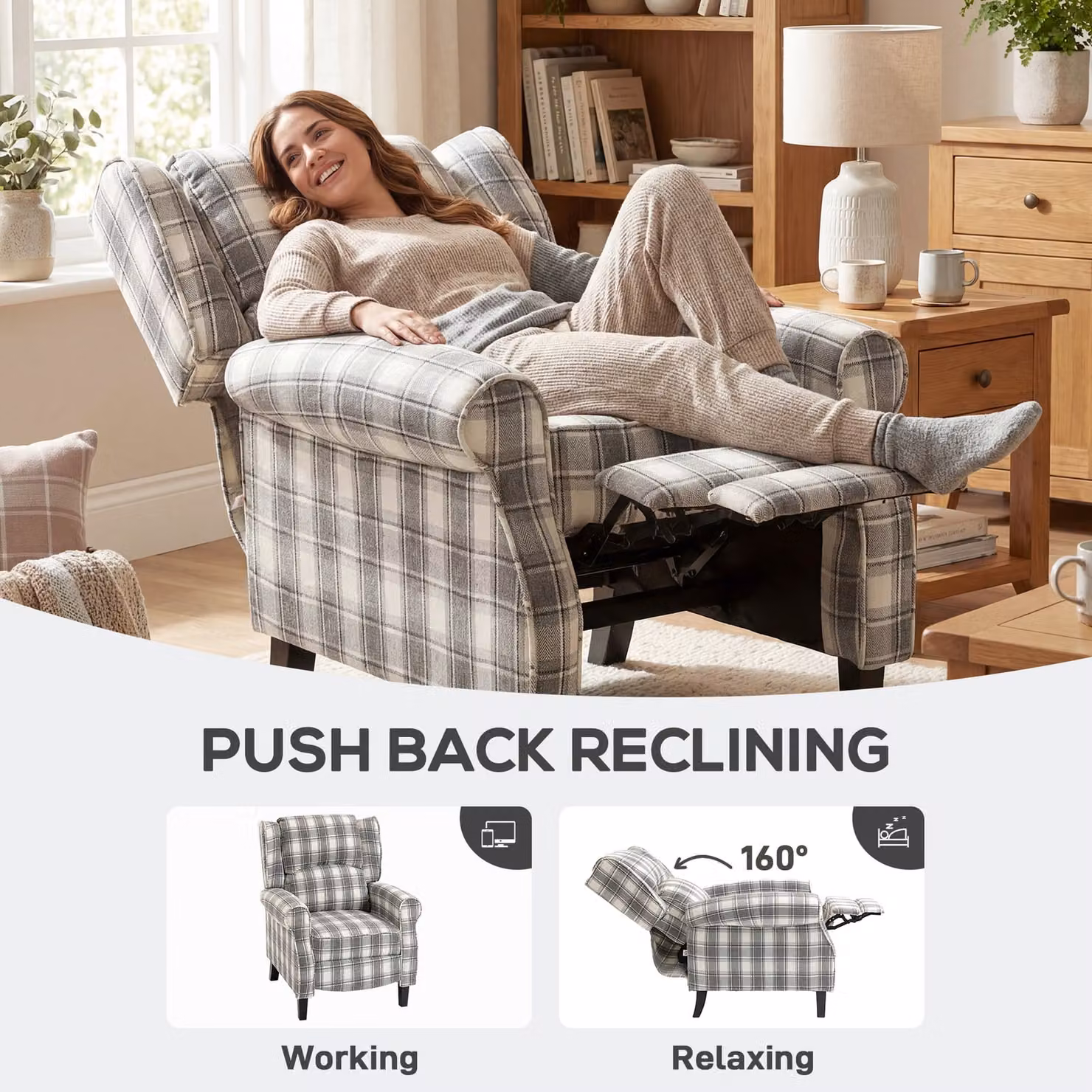 HOMCOM 160 Degree Reclining Armchair with Integrated Footrest in Grey and White Checked Fabric – 4