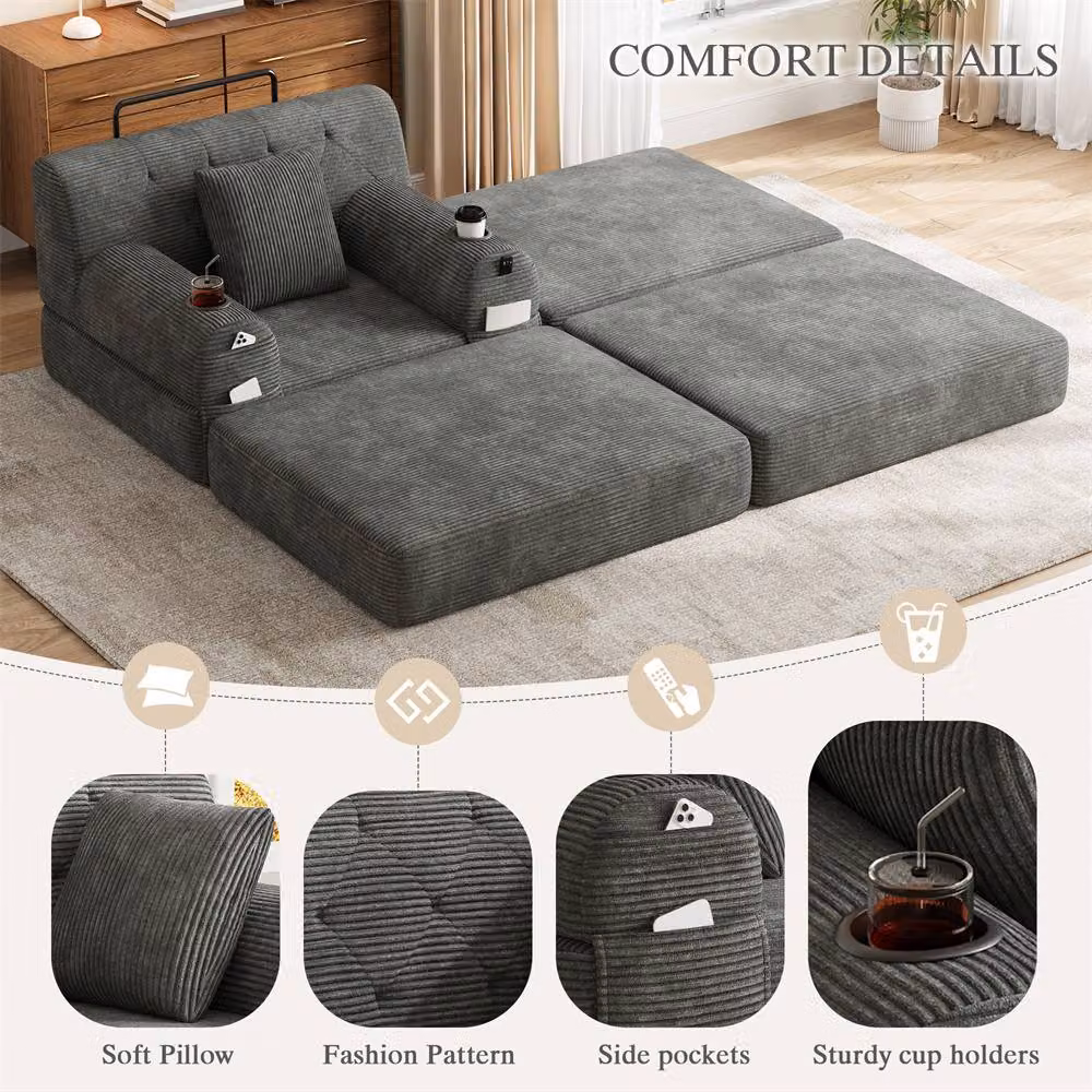 Direct Wicker Cord Convertible Sleeper Chair with Ottoman, Cup Holders and Side Pocket in Dark Grey – 2