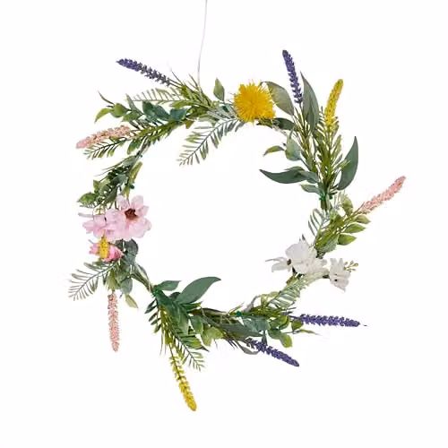 Lights4fun 20cm Pre-Lit Artificial Lavender Wildflower Foliage Wreath in Pink and Multicolour with 16 Warm White LEDs – 3