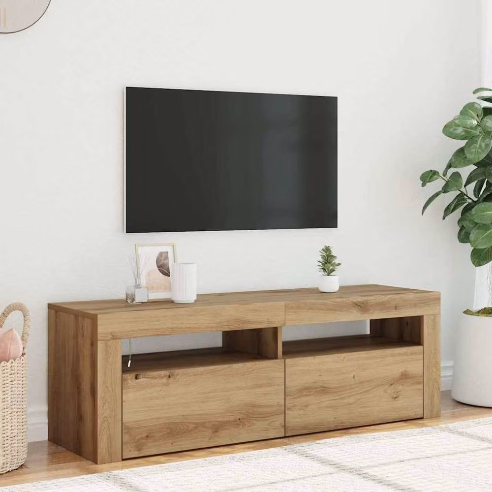 Berkfield Home Artisan Oak TV Cabinet with LED Lights in Brown, W/D/H: 120 x 35 x 40 cm – 1