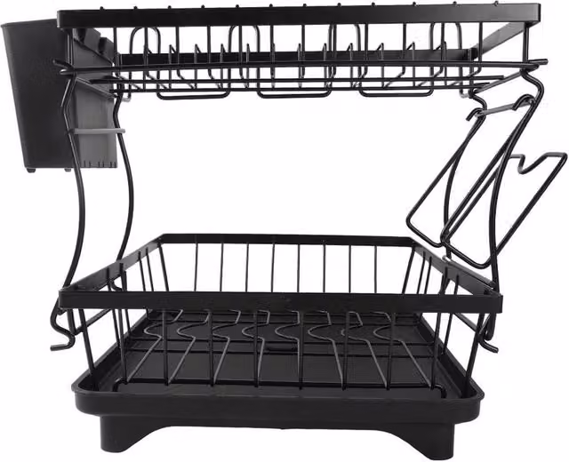 VOGREX 2 Tier Dish Drainer Rack with Cutlery and Cup Holder, Black, W/D/H: 42.5 x 30.5 x 30.5 cm