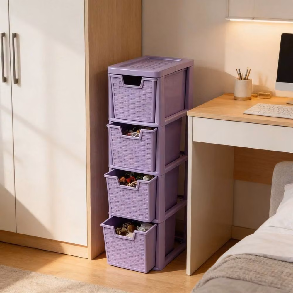 FLAVORA 4 Tier Medium Plastic Rattan Storage Drawer in Purple, Width: 50 cm – 2