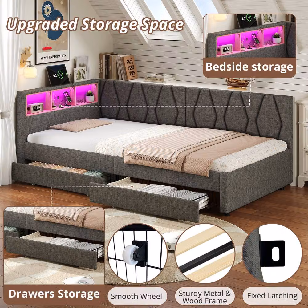 ModernLuxe Single Daybed in Grey with LED L-shaped Storage Headboard, 2 Drawers and USB Charging Port, W/D/H: 190 x 90 x 97 cm – 4