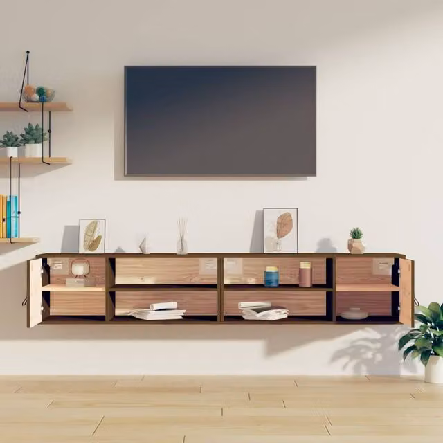 Berkfield Home Set of 2 Wall Mounted Cabinets in Honey Brown Solid Pine, W/D/H: 80 x 30 x 30 cm