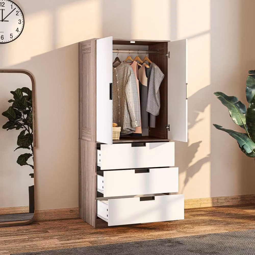 STILVORA Modern Wardrobe with 2 Hinged Doors and 3 Internal Drawers in Brown and White – 2
