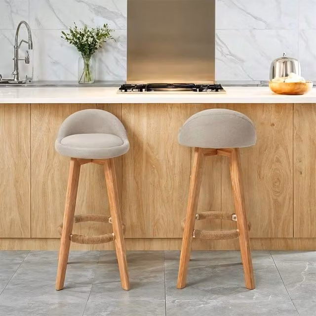 EONLION Set of 2 Modern Beige Fabric and Rubberwood Bar Stools for Kitchen and Pub, Height: 100 cm