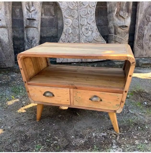KDMD Handmade Teak TV Stand with 2 Drawers in Brown Rustic Finish W/D/H: 120 x 46 x 61 cm