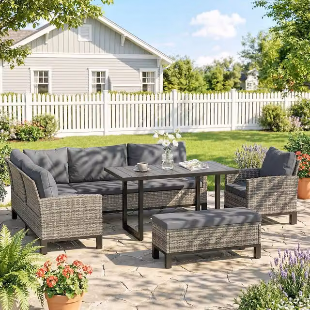 OUTSUNNY Rattan Garden Furniture Sofa and Outdoor Dining Set for 9 Adults, Dark Grey – 1