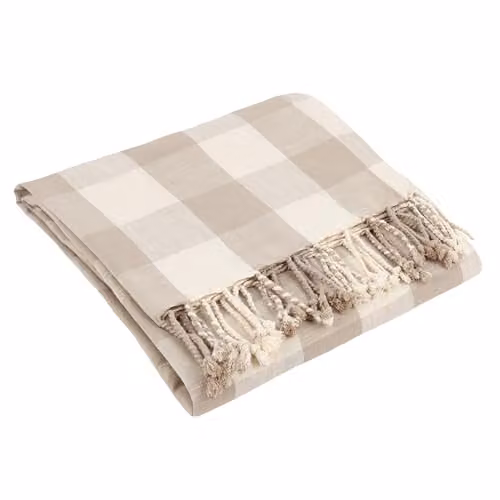Yard Chesil Check Tasselled Cotton Throw in Beige, W/D/H: 130 x 170 cm – 1