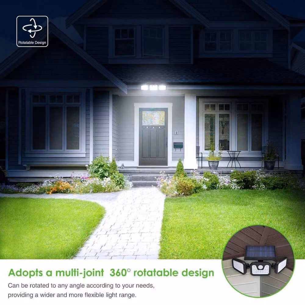 FLAVORA 3-Head 74 LED Solar Powered PIR Motion Sensor Wall Garden Floodlight in Black – 6