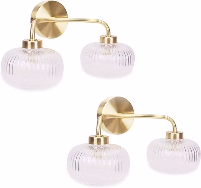 ValueLights Amaia Pair of 2 Way IP44 Wall Lights with Ribbed Glass Shades in Gold/Brass