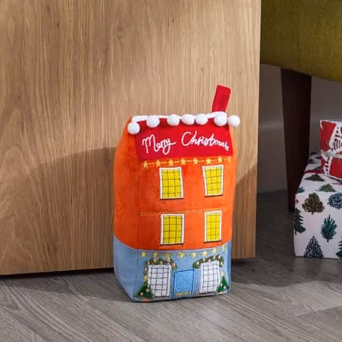 Furn Christmas Spirit House Velvet Novelty Doorstop in Multicolour and White, W/D/H: 23.0 x 13.0 x 8.0 cm – 1