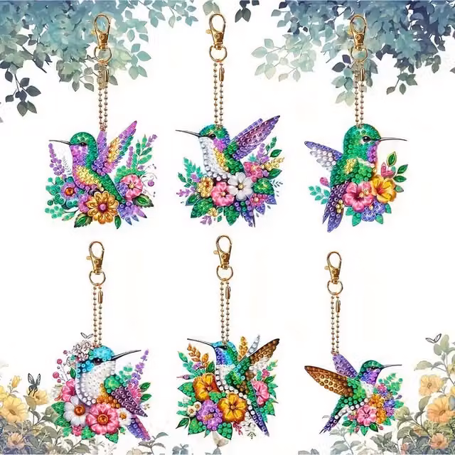 Syntego Pack of 6 Hummingbird Keyring Diamond Art Kits in Multicolour and Blue