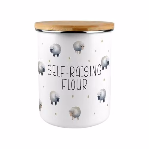 Purely Home Spring Sheep Self-Raising Flour Canister in White Enamel with Bamboo Lid