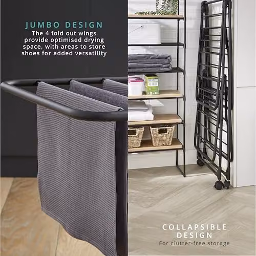 Swan Stealth Jumbo Collapsible Clothes Airer in Black with 26m Drying Space and Integrated Wheels – 3
