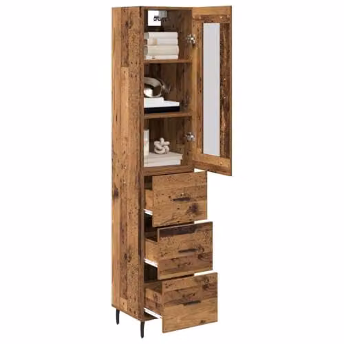 vidaXL Modern Brown Old Wood Highboard Tall Unit with Hinged Doors and Internal Shelves, W/D/H: 34.5 x 34 x 180 cm