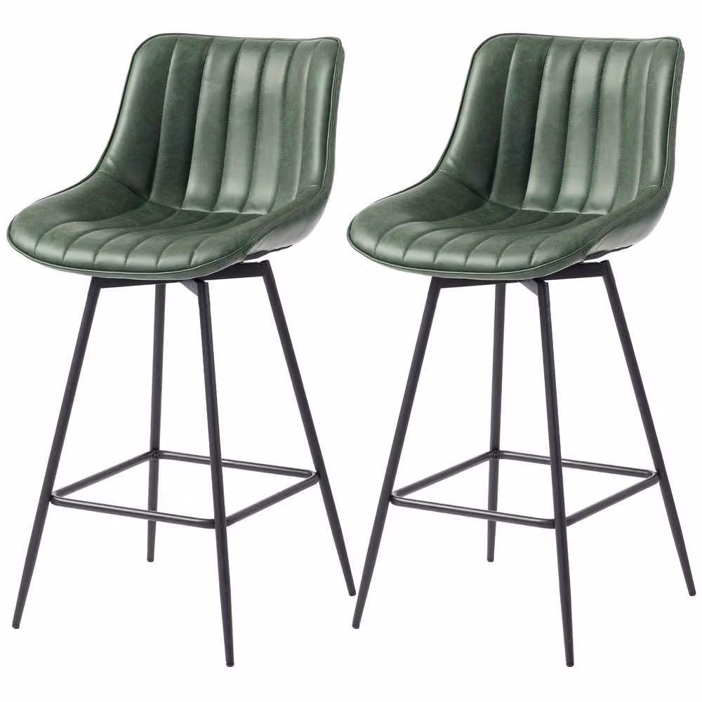 STILVORA Set of 2 Modern Green Swivel Bar Stools with Synthetic Leather and Metal Base – 4