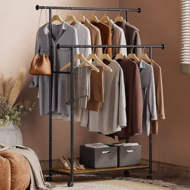 SONGMICS Double Clothes Rail with Shelf and Wheels in Matt Black – 1