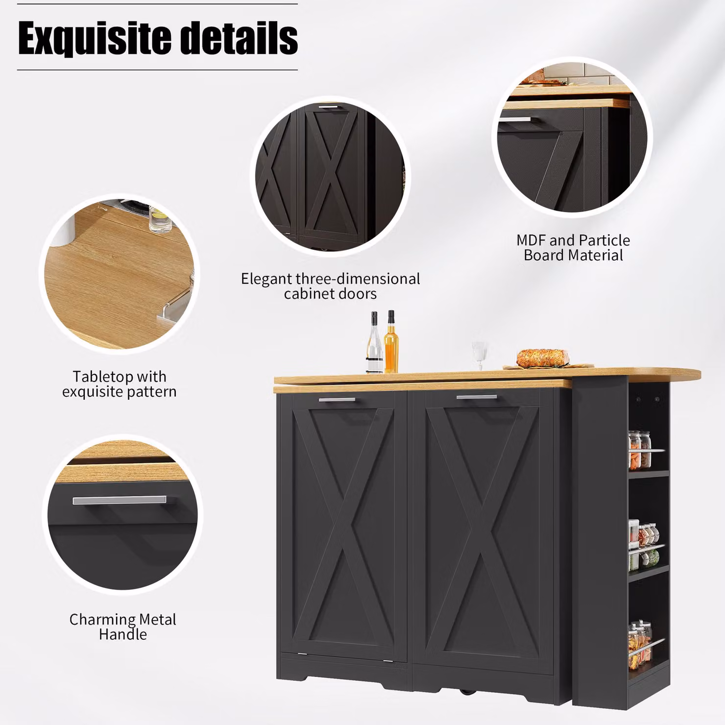 Aosom UK 360 Rotating Kitchen Island with Folding 3D Textured Doors and Side Shelves in Black, W: 138 cm, D: 38 cm, H: 105.5 cm – 4