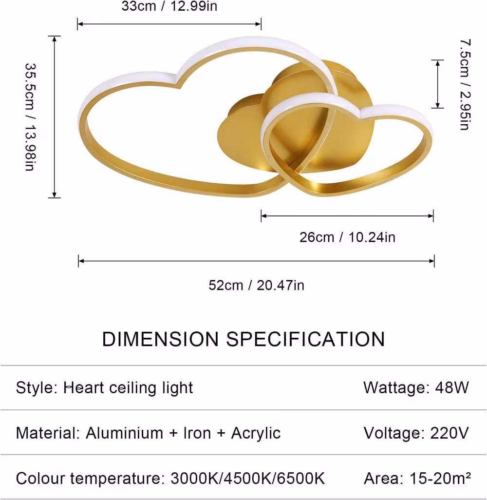 Goeco Dimmable Heart Shape LED Ceiling Light in Gold – 2