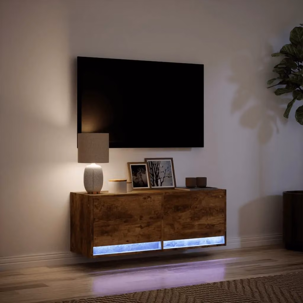 Berkfield Home Modern Wall Mounted TV Cabinet with Integrated LED Lights in Smoked Oak Brown, W/D/H: 100 x 31 x 35 cm – 5