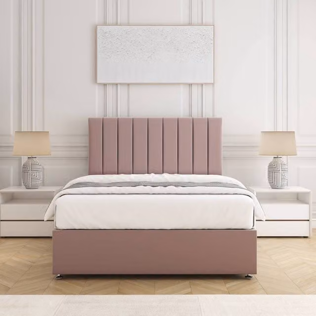 BSSPOKE Aria Super King Divan Bed Set with 24 inch Plush Velvet Headboard and Mattress in Pink, W/D/H: 200 x 200 cm