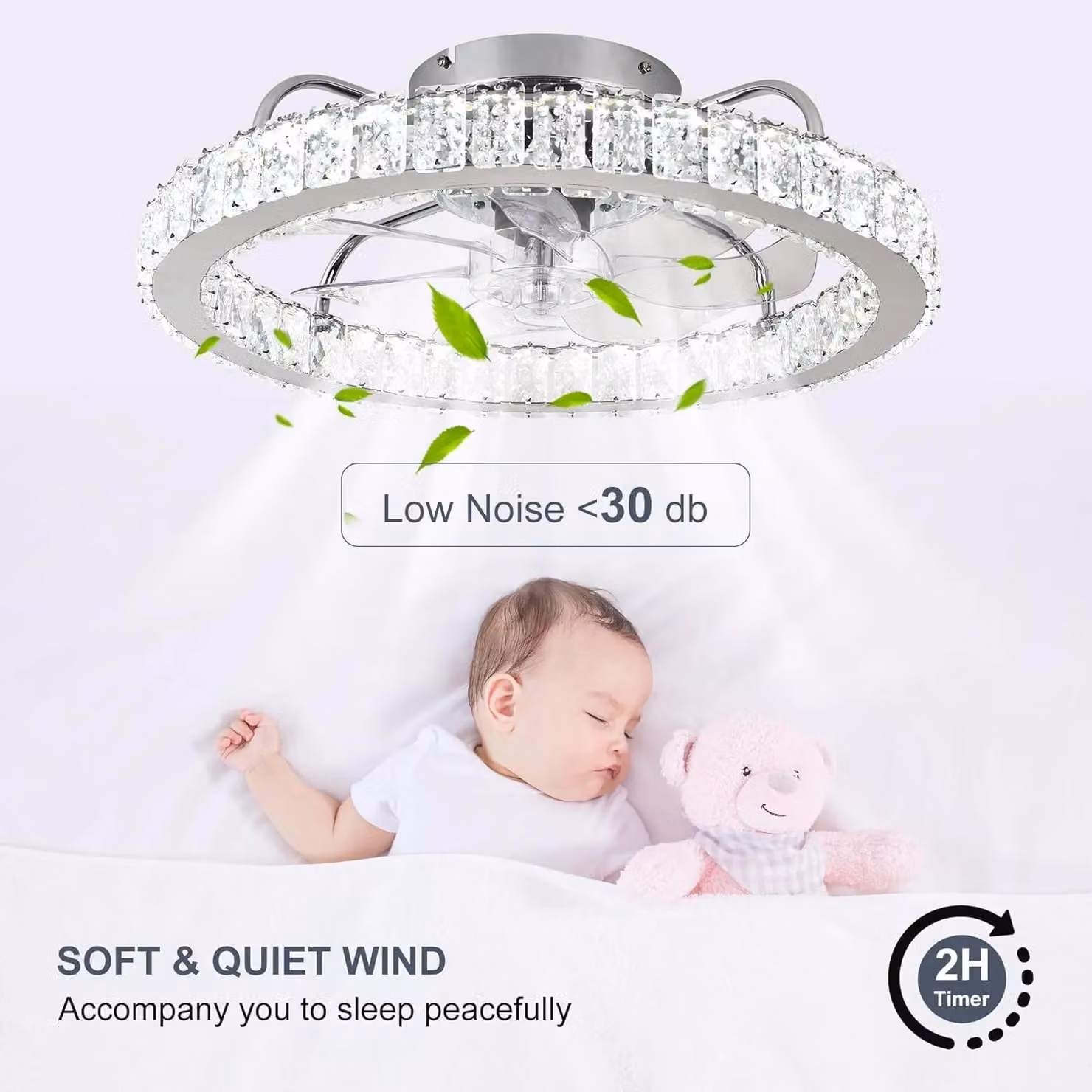 Garwarm LED Dimmable Crystal Semi Flush Mount Ceiling Fan in White and Chrome with Remote Control – 3
